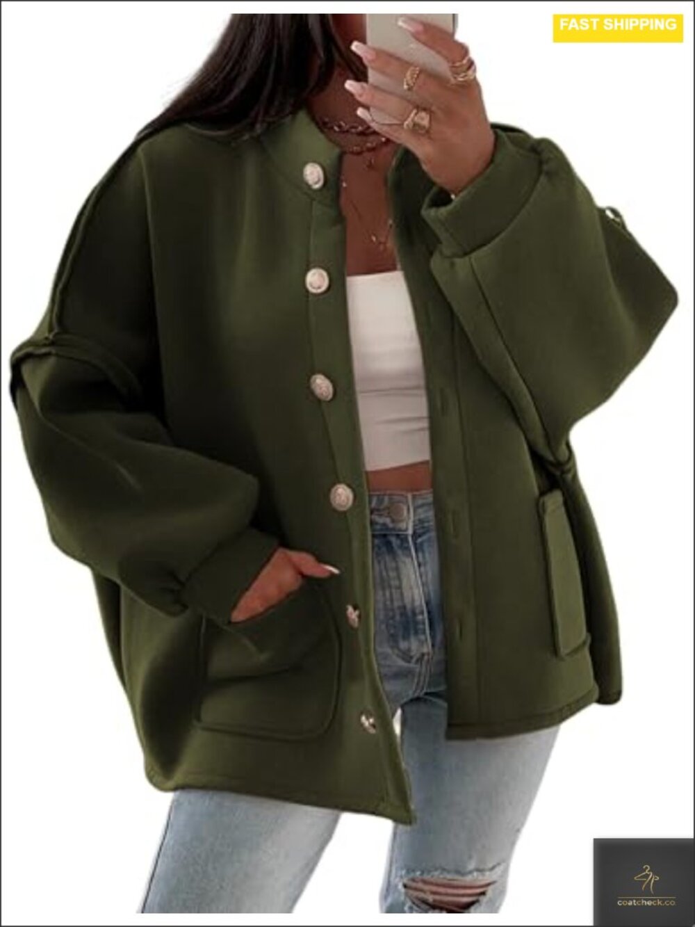 Women's Oversized Button Down Jacket with Pockets Casual Fall Winter Coat